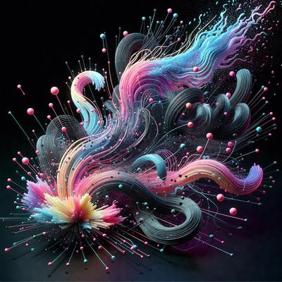 The primary subject of the image is a colorful, abstract artwork featuring a mix of pink, blue, and purple colors. The artwork is set against a black background, giving it a striking contrast. The visual style of the image is a combination of digital art and illustration, creating a unique and vibrant appearance. The overall atmosphere of the image is lively and energetic, with the colors and patterns evoking a sense of movement and creativity.